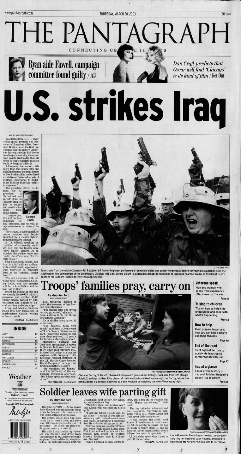 the day war began in iraq march 19, 2003 (night before this morning's paper)