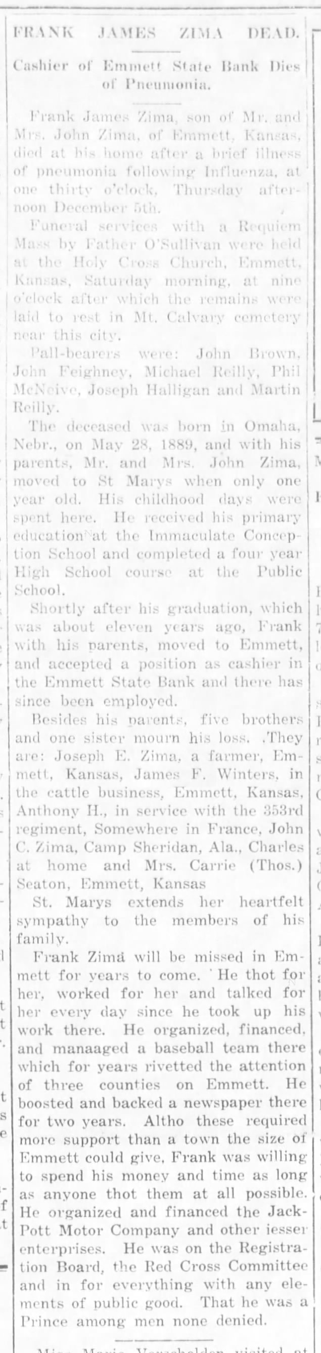 Frank Zima Obituary