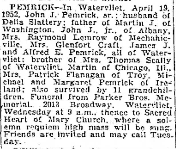 John J. Pemrick Notice; The Times Record (Troy, New York); 22 Apr 1952, Tues