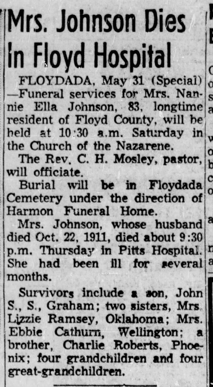 Obituary for Nannie Ella Roberts Johnson