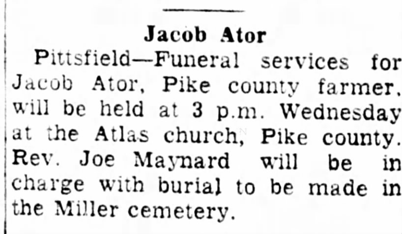 Jacob Ator funeral notice. 17 mar 1954
