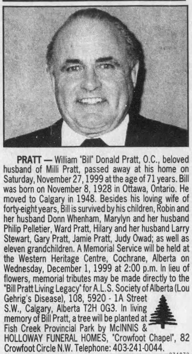Obituary for William Donald PRATT, 1928-1999 (Aged 71)