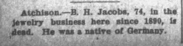 B H Jacobs 1930 death notice