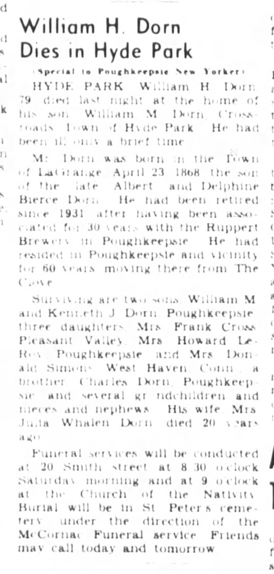 William H. Dorn obituary
Poughkeepsie New Yorker
Friday, January 16, 1948