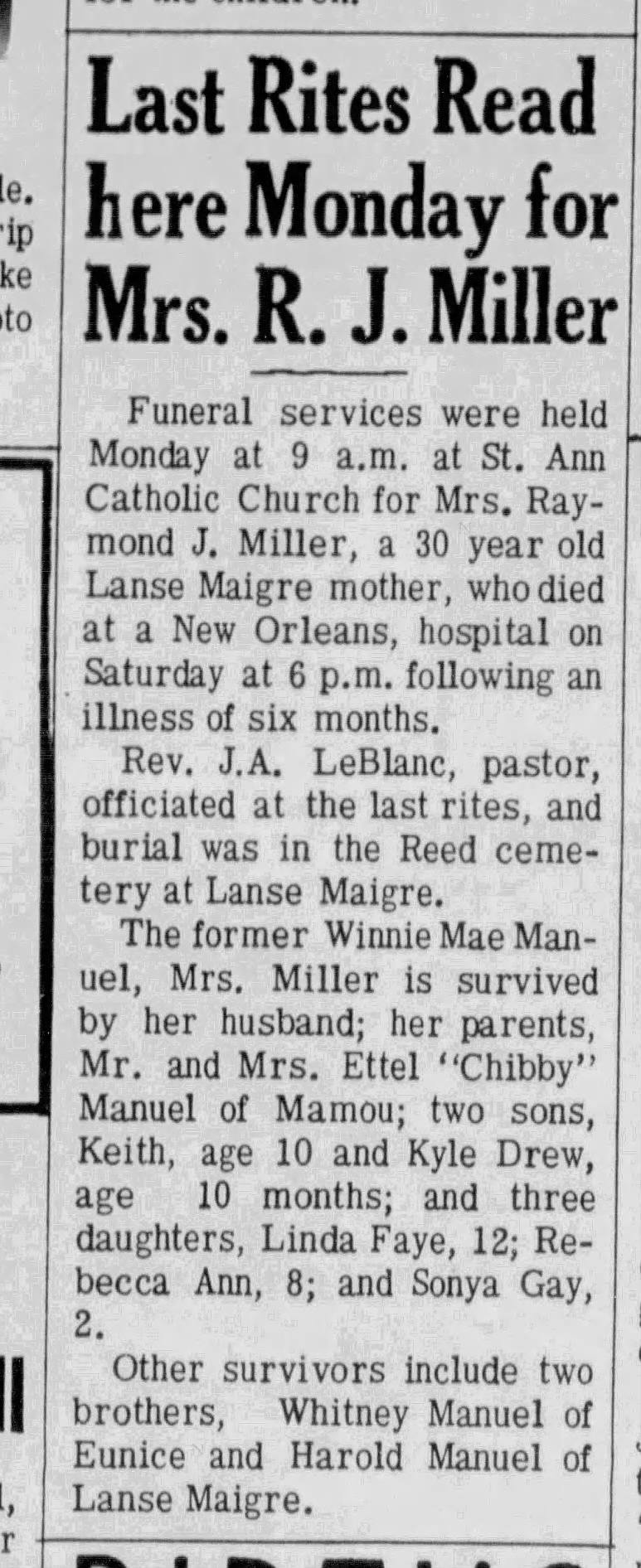 Winnie Mae Manuel Miller obituary 1965