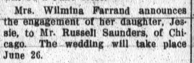 Russell Saunders Engagement to Jessie Farrand June 16 1909 Fort Wayne Daily News
