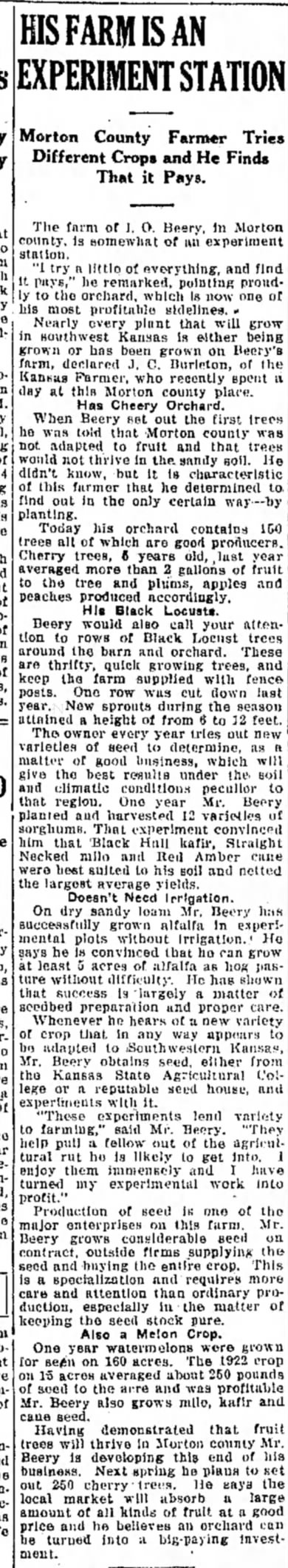 I. O. Beery Farming article Hutchinson News 10 Feb 1923