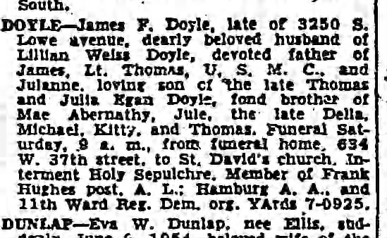 James F Doyle Obituary 10 Jun 1954