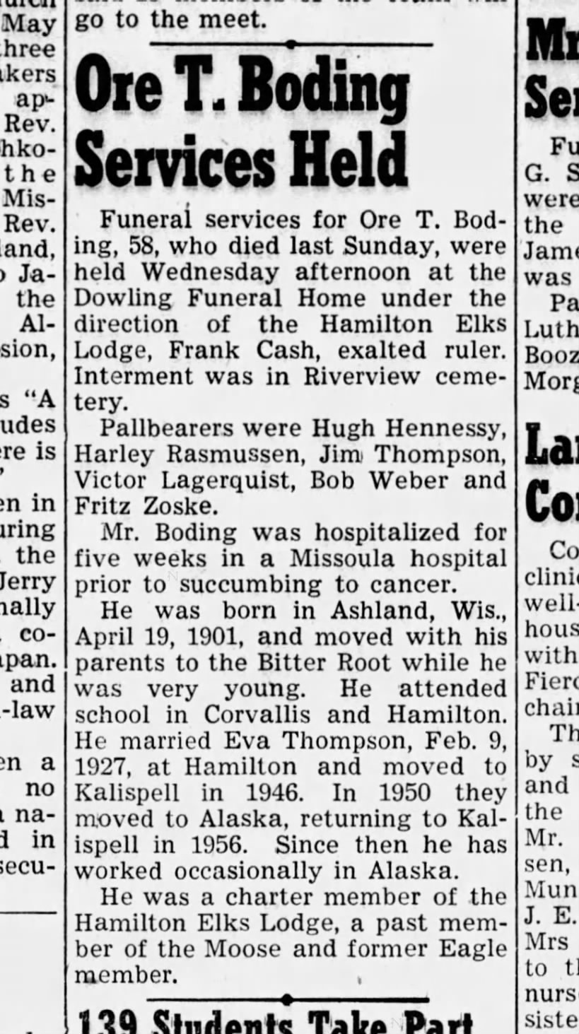 Ore T Boding Obituary, Ravalli Republic; 29 Apr 1959