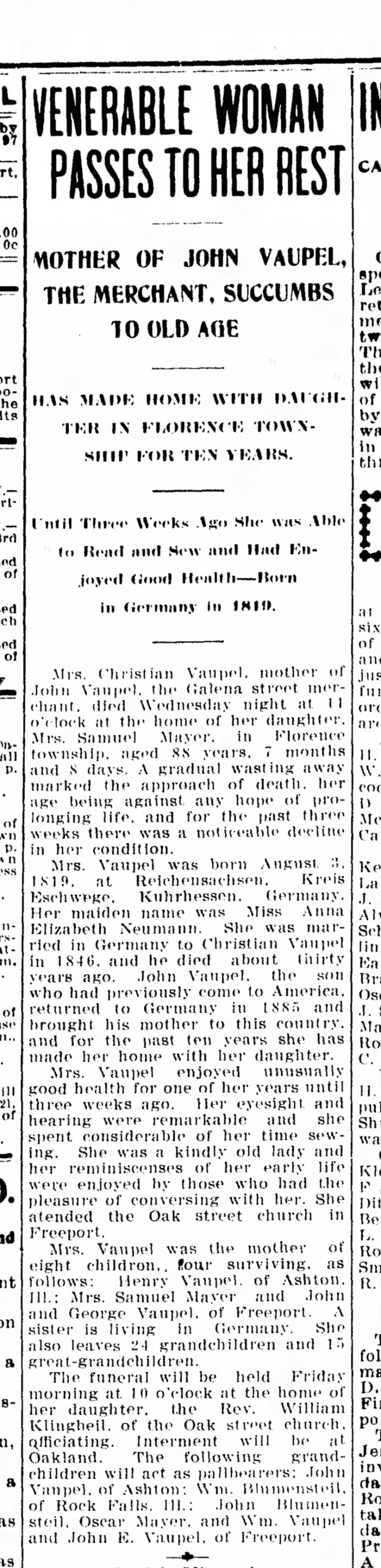 Vaupel-Anna-Elizabeth-Neumann Death Notice 11Mar1908 Freeport Journal-Standard IL