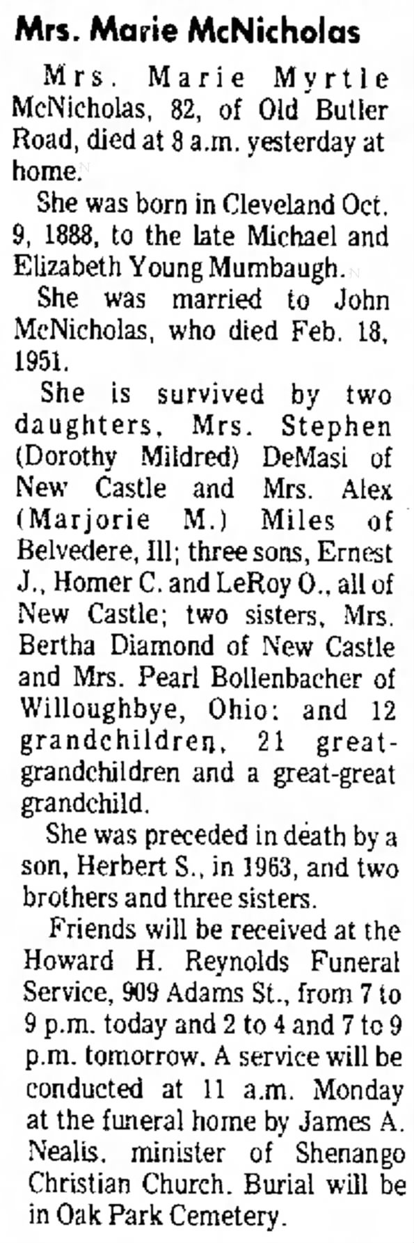 Marie Myrtle Mumbaugh McNicholas Obit New Castle News 8 May 1971, Sat