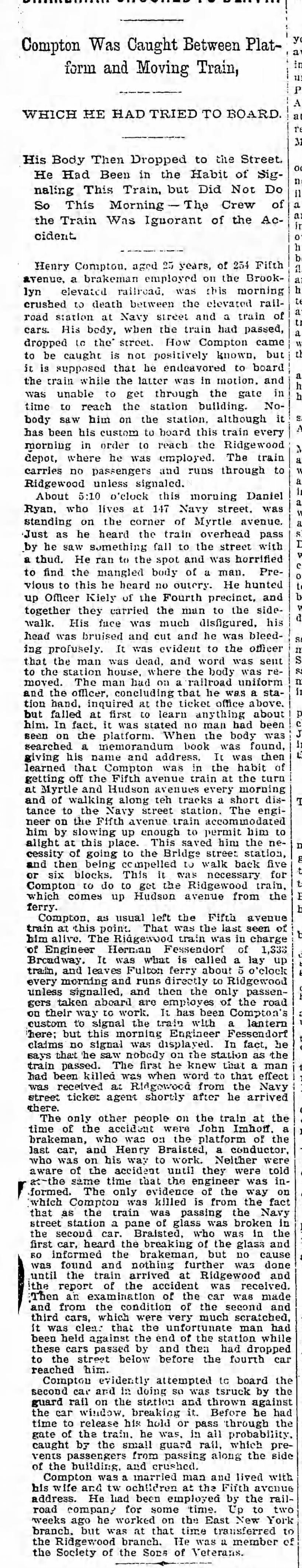 COMPTON Henry  killed by elevated train car
Bklyb Daily Eagle  24 March 1896