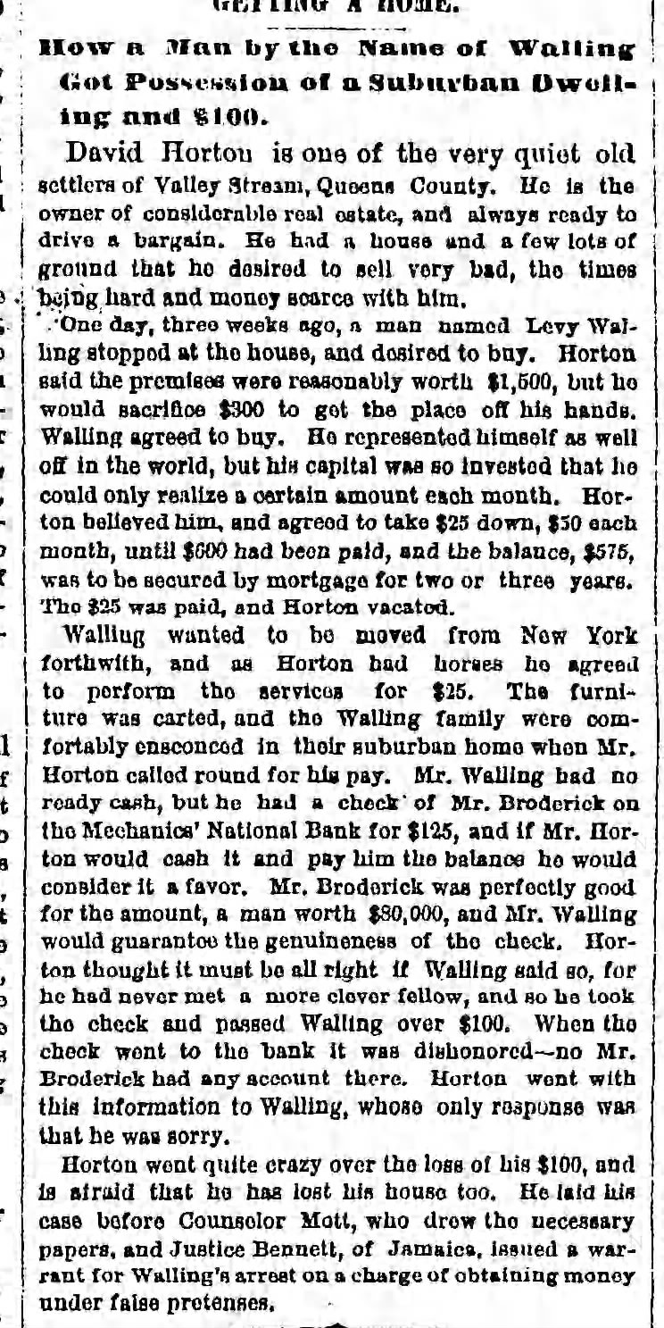 HORTON David old settler of Valley Stream, Queens County  Brooklyn Daily Eagle  28 July 1875  pg 4