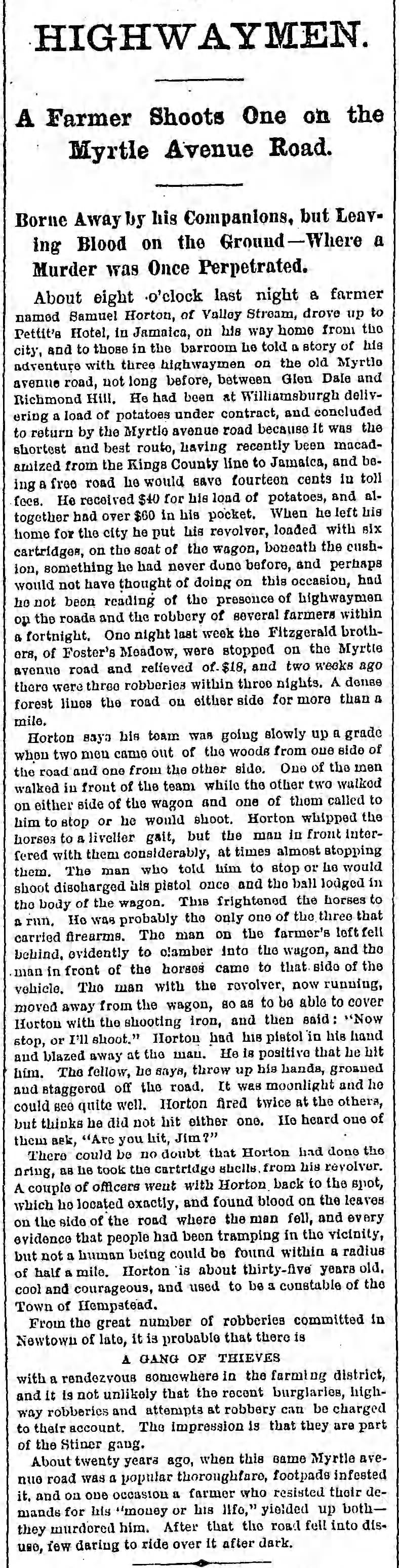 HORTON Samuel farmer of Valley Stream attacked by Highwaymen Daily Eagle 19 Dec 1879  pg 4
