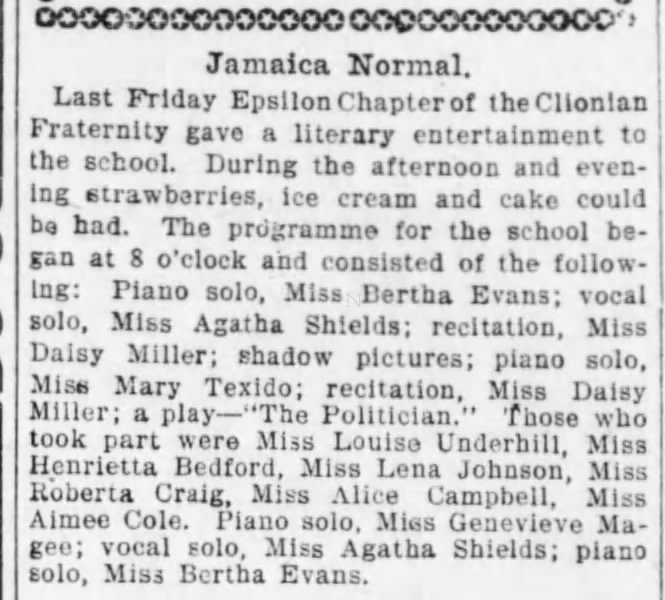 TEXIDO Miss Mary  piano solo May 1903 at Jamaica Normal School
Daily Eagle 31 May 1903 pg 12