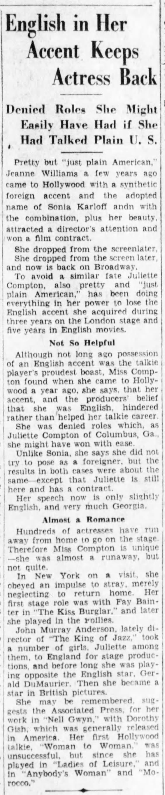 COMPTON Betty (originally from GA) English accent is problem
Daily Eagle  7 Sept 1930