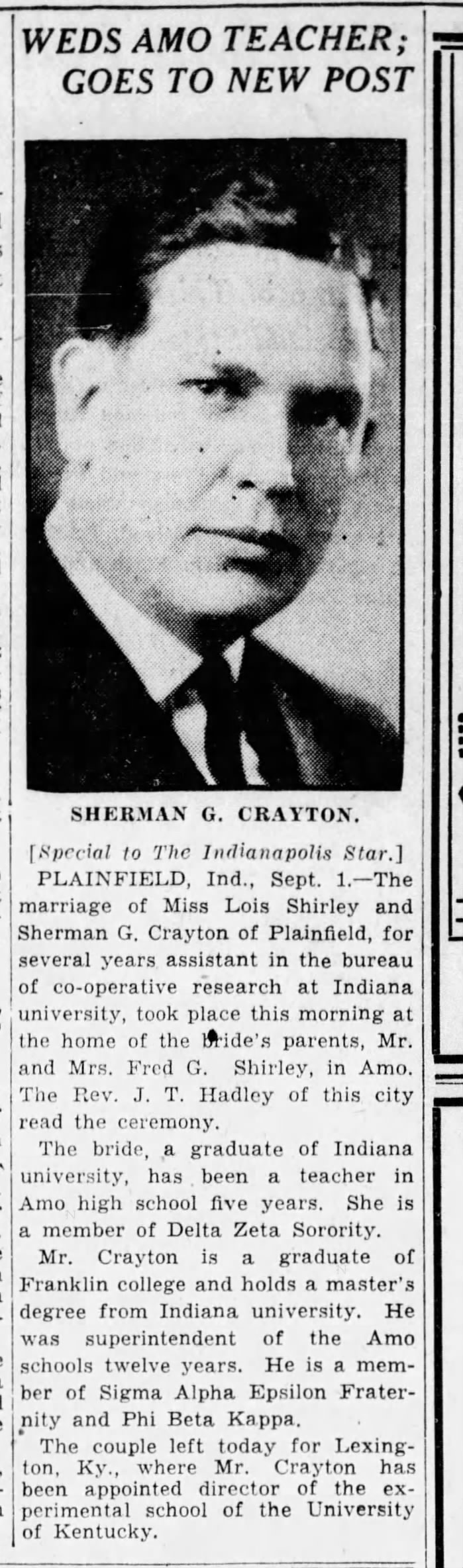 The Indianapolis Star 02 Sep 1930 pg 4 Weds Amo Teacher Goes to New Post Sherman Crayton