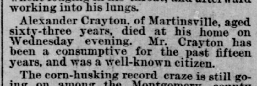 The Indianapolis Journal 04 Jan 1889 pg 2 Death notice for Alexander Crayton