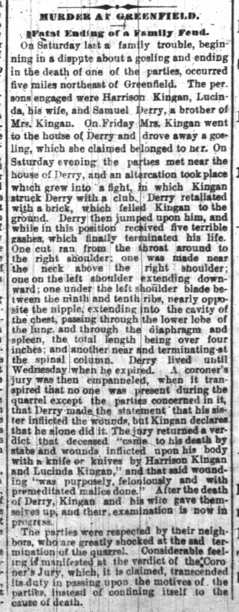 The Indianapolis News 2 Aug 1873 page 1 col 5 Derry Murder