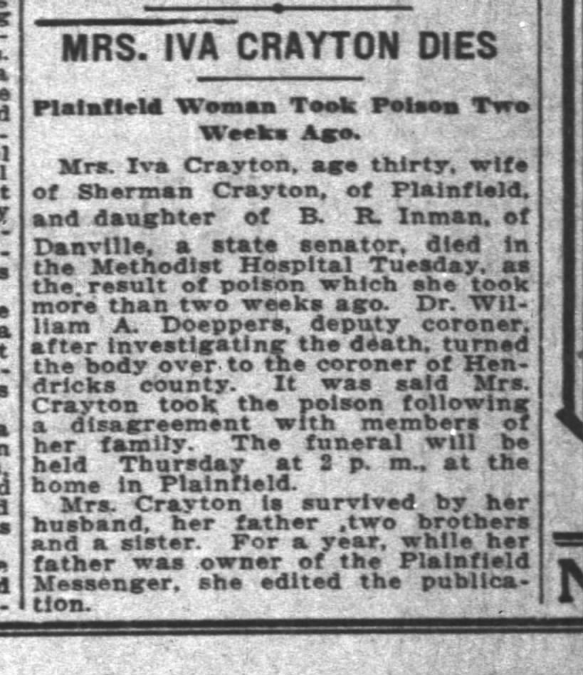 Indianapolis News 10 June 1925 pg 10 Mrs Iva Crayton  Dies