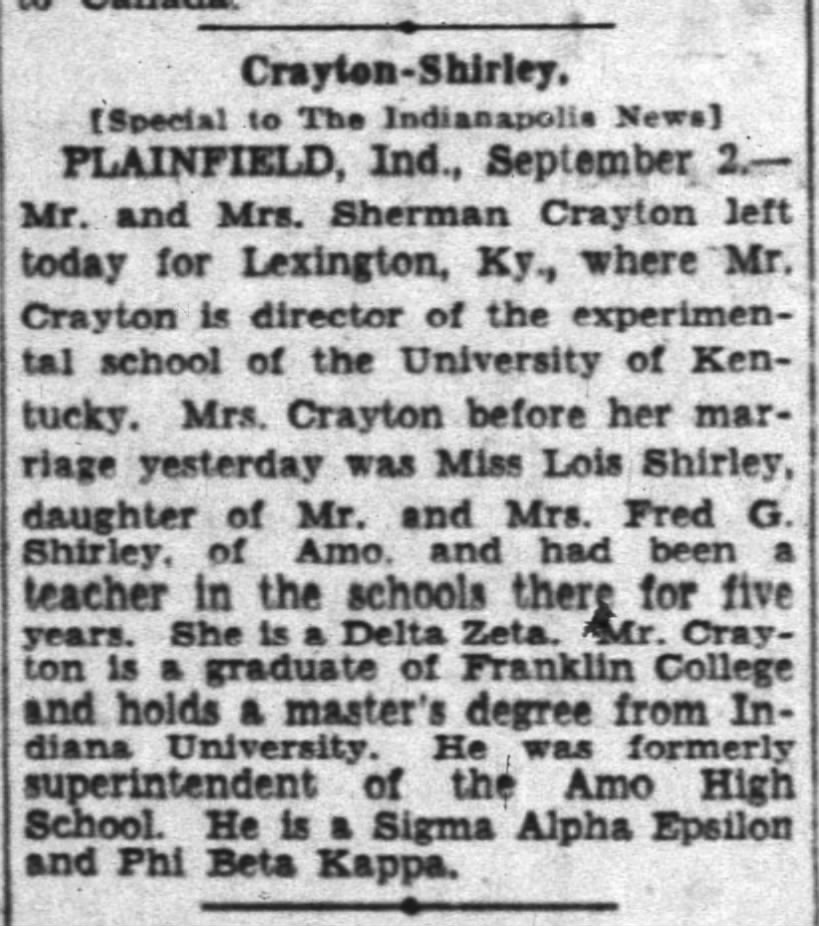 The Indianapolis News 02 Sep 1930 pg 10 marriage Sherman Crayton and Lois Shirley