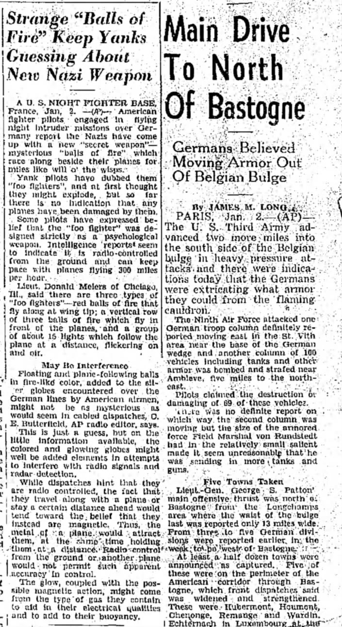 1945 Patton Foo Fighter in adjacent columns Denton Record-Chronicle TX January 2