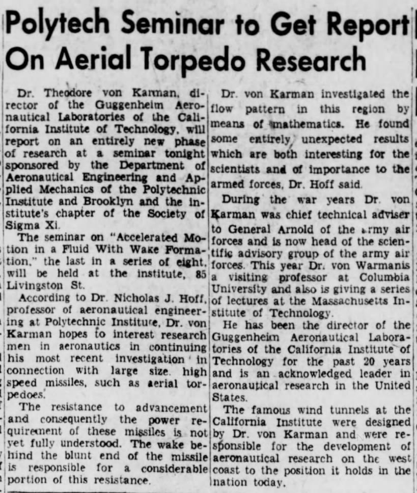 1947 PreRoswell Theodore von Karman Guggenheim Aerial Torpedo Brooklyn Daily Eagle NY May 9