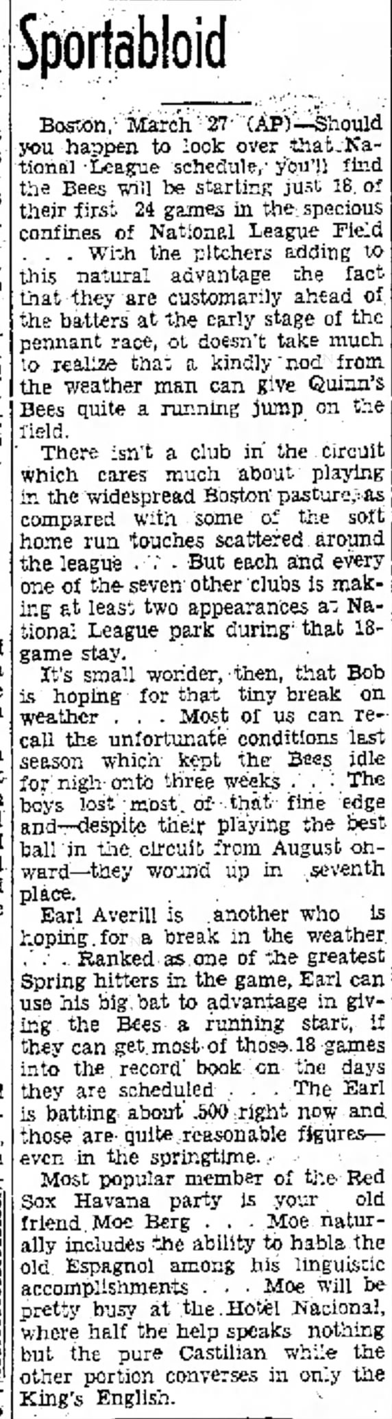 1941 AP Moe Berg Red Sox see Pete Appleton Havana party Portsmouth Herald NH March 27