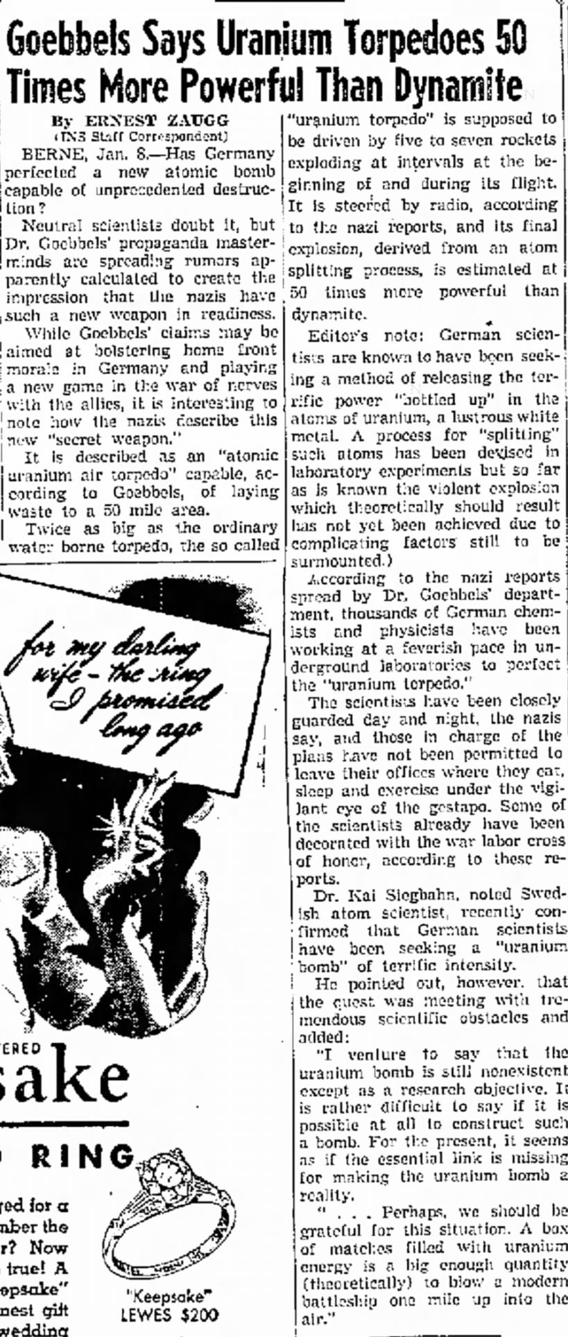 1944 Ernest Zaugg Uranium Torpedoes Goebbels Kai Siegbahn Long Beach Independent CA January 9