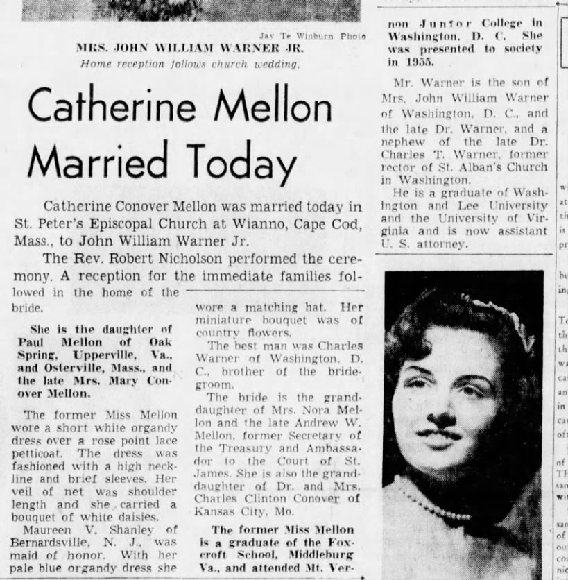 8-7-1957 Catherine Mellon weds John William Warner Jr