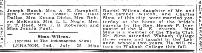 Rachel Wilcox weds Charles Sims 7-28-1928