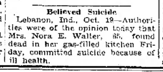 Nora E Wilcox Walter 1935 obit suicide.