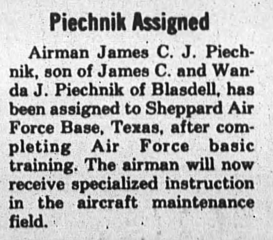 Piechnik, James airforce assignment aug 2, 1984