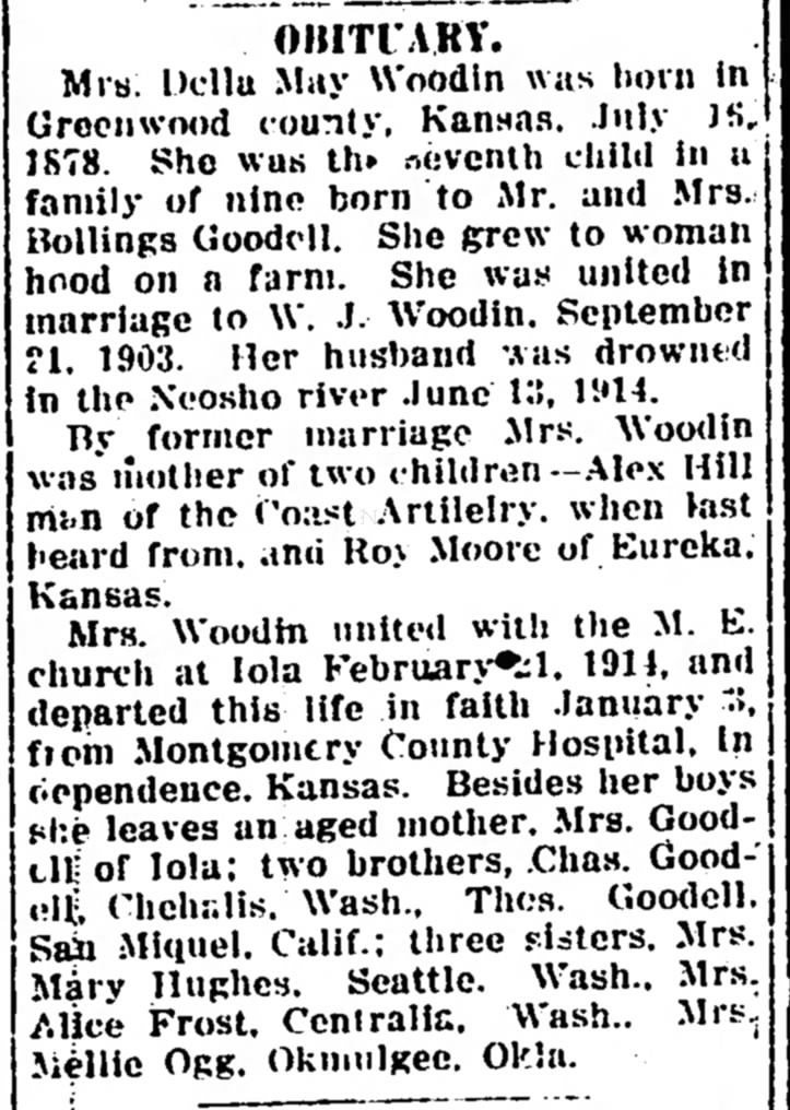 Della May Woodin Obituary
Iola Register 5 Jan 1918