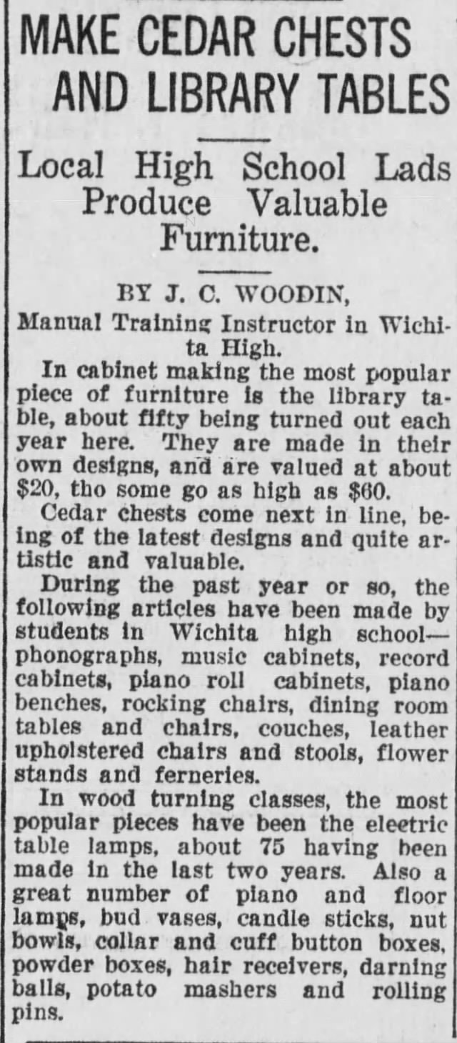 Wichita Beacon 2 Oct 1920
J. C. Woodin Manual Training Instructor