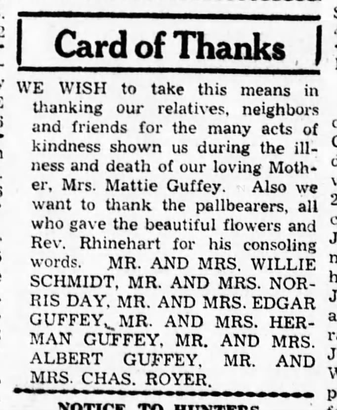 Mrs. Mattie Guffey, Dec. 1, 1941