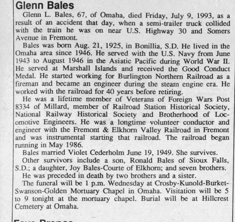 Obituary for Glenn L. Bales, 1925-1993 (Aged 67)
