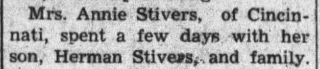 Annie Stivers of Cincinnati visits, The Tribune, Seymour, Indiana, 19 May 1944, pg 3
