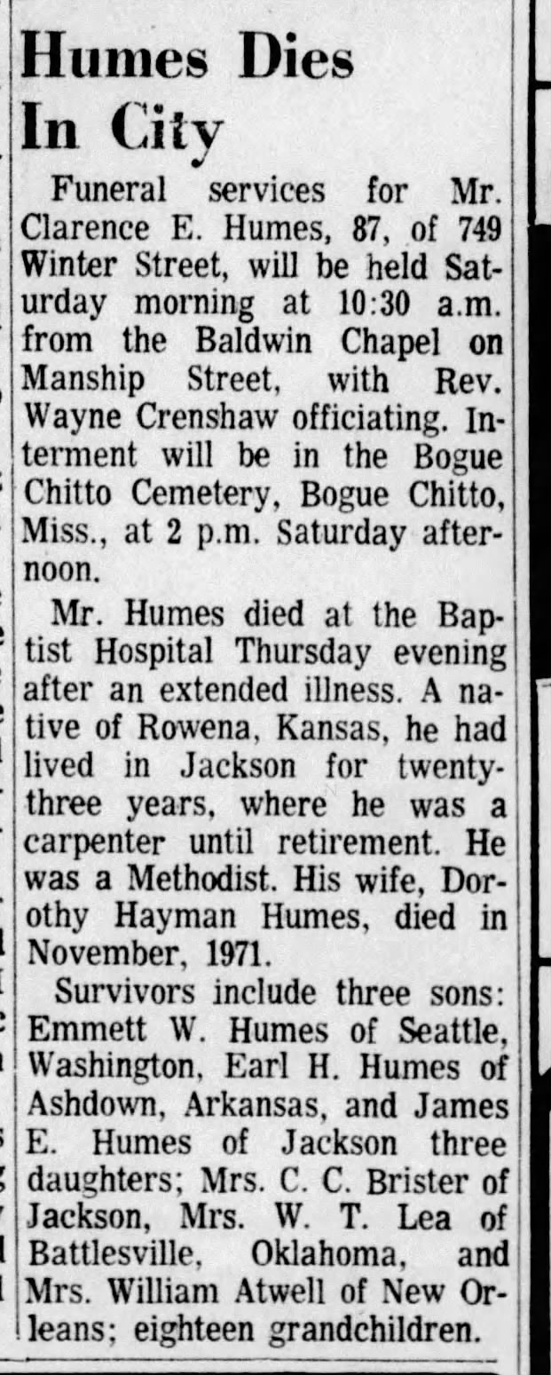Clarence E Humes obit, Clarion-Ledger, Jackson, Mississippi, 08 Apr 1972, pg 3