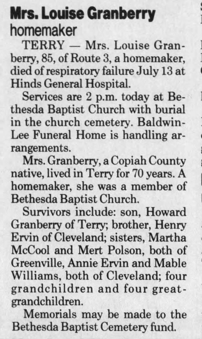 Mrs Louise Granberry Obit, Clarion-Ledger, Jackson, Mississippi, 15 Jul 1990, pg 18
