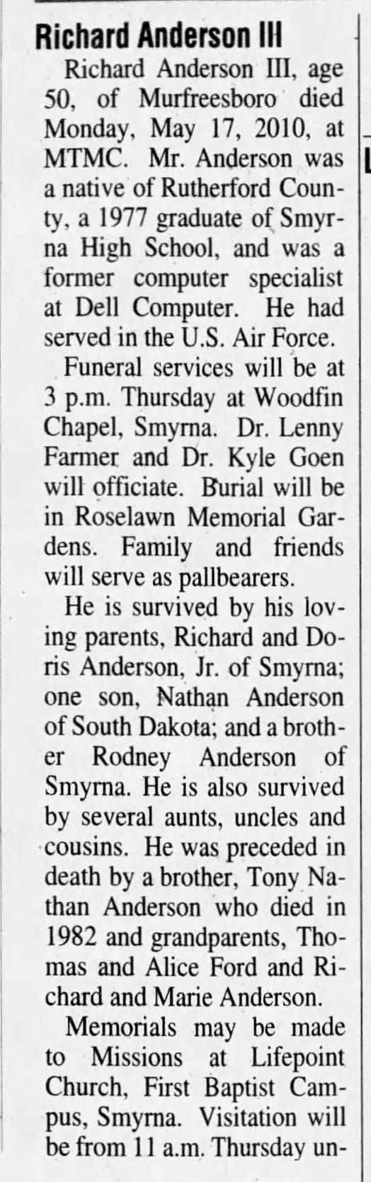 Richard Anderson III obit, The Daily News-Journal, Murfreesboro, Tennessee, 19 May 2010, pg 6