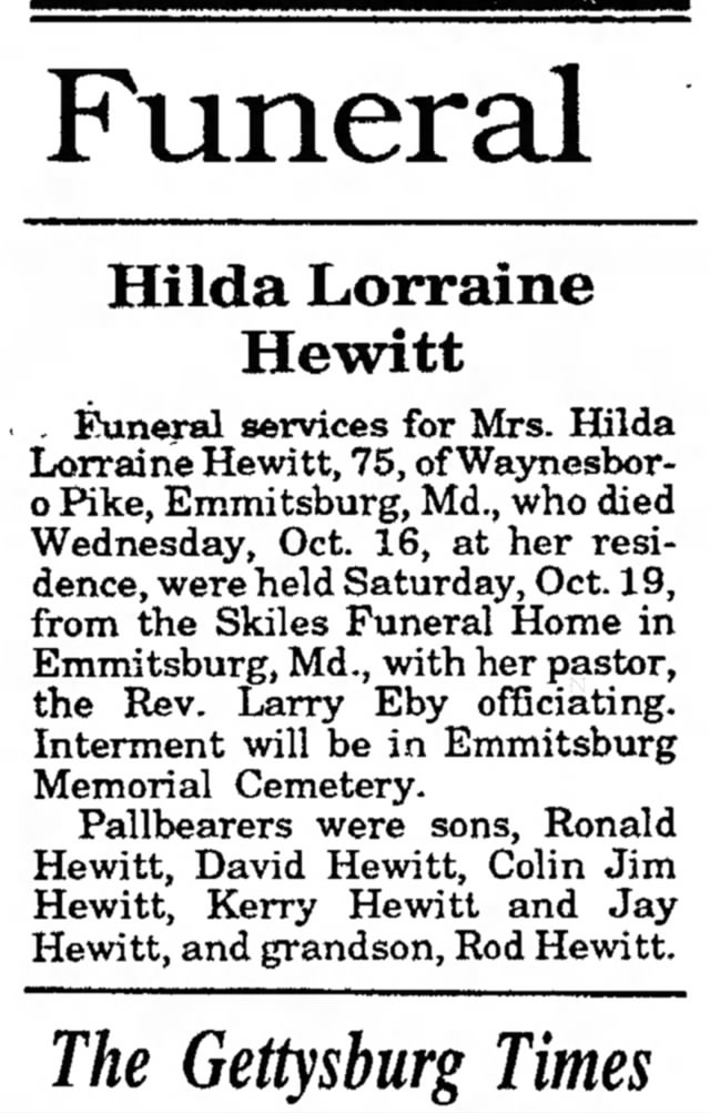 Funeral - Hilda Lorraine Hewitt; The Gettysburg Times, Gettysburg, Pennsylvania, 21 Oct 1991, pg 3