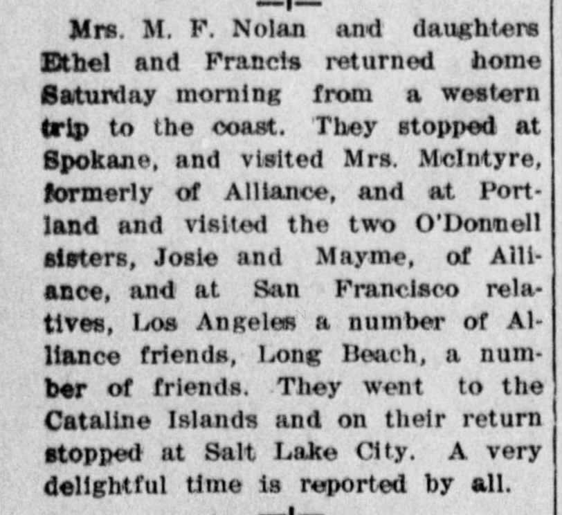 Travel as reported in The Alliance Herald
11 Sep 1913