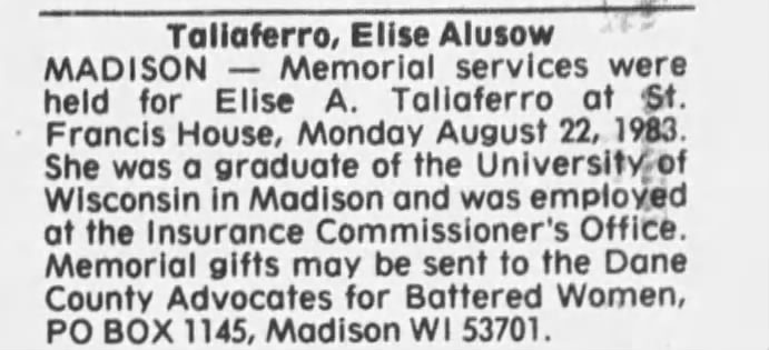 Obituary for Elise Alusow Taliaferro