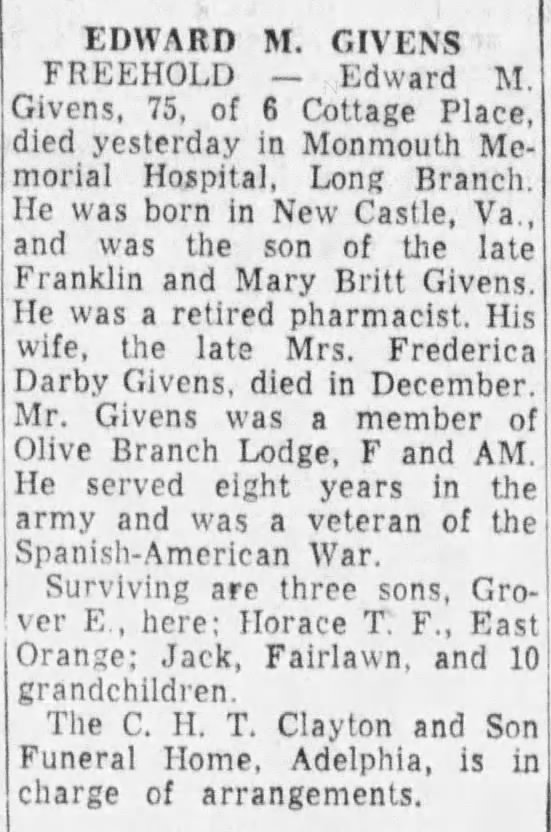 Edward M. Givens death notice, Asbury Park Press, 8 Feb 1956