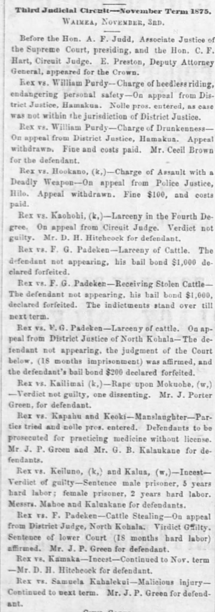 REX VS PADEKEN    17 November 1875  M.r. JP Green for defendant