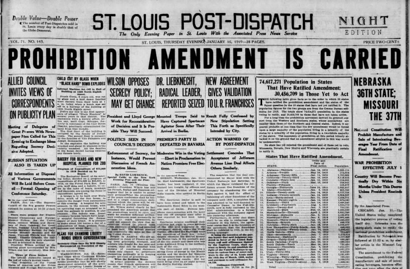 Jan. 16, 1919: Prohibition is carried