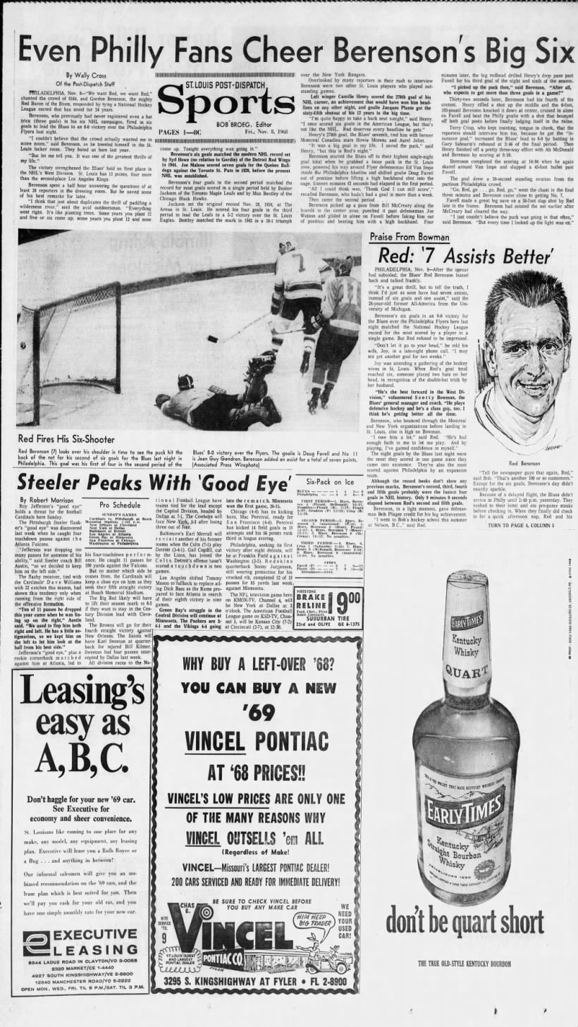 Nov. 7, 1968: Red Berenson scores 6 goals in a game