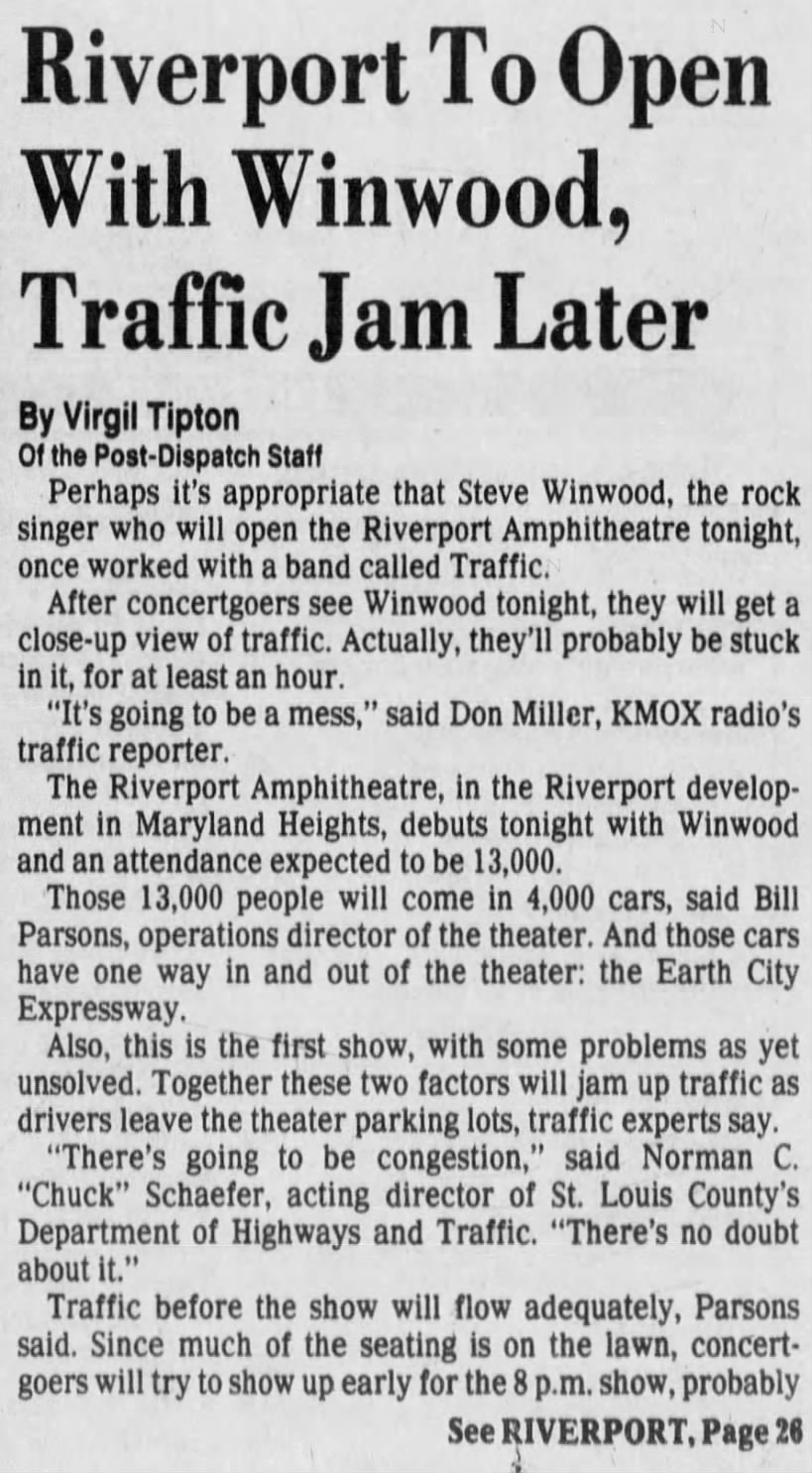 June 14 1991: Riverport's opening night: Steve Winwood during the show, traffic after