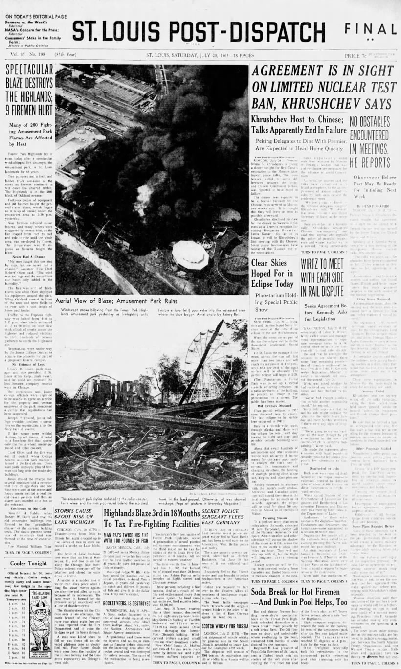 July 20, 1963: Front page photos of the Highlands Amusement Park fire